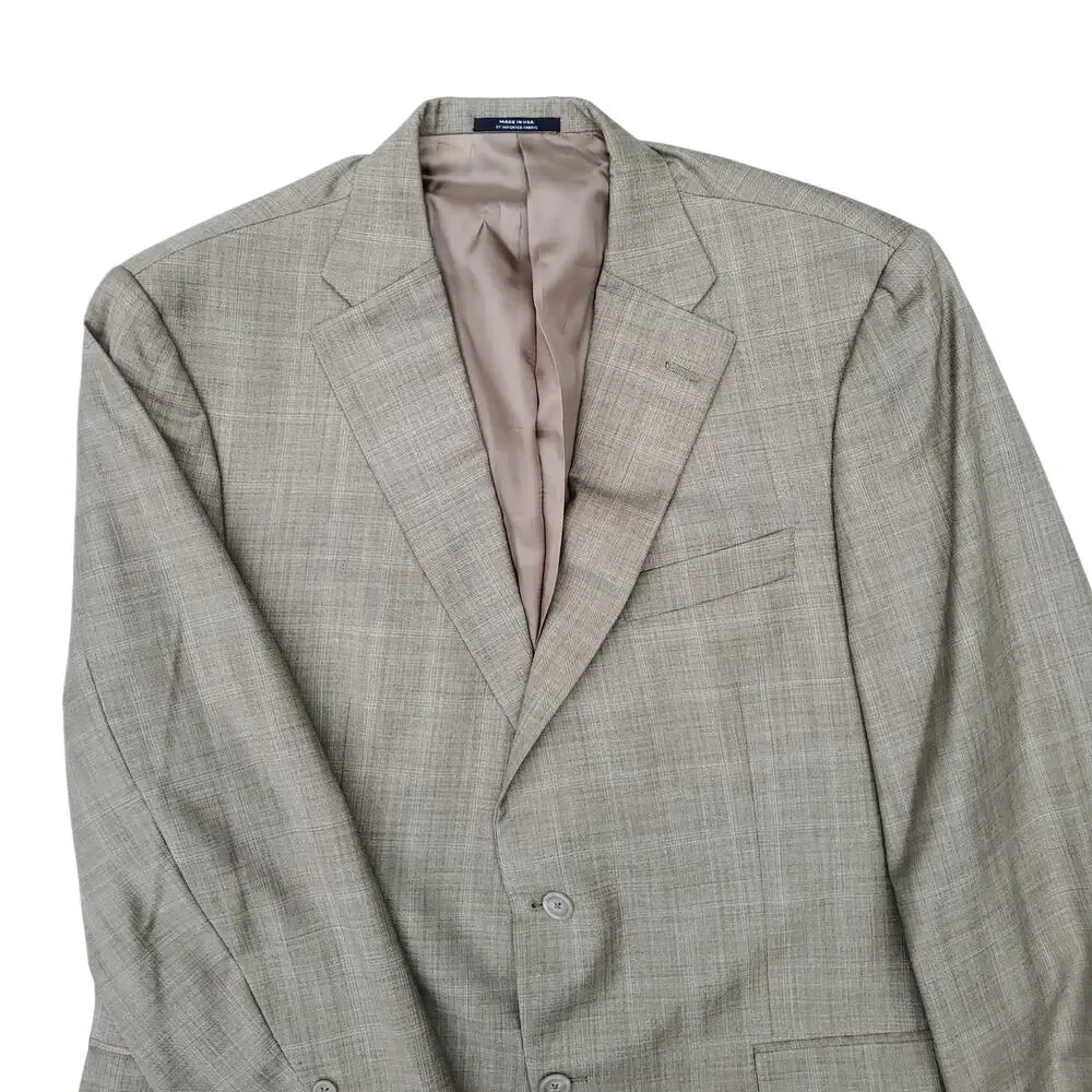 Vintage Hart Schaffner Marx 2pc Suit Tan Windowpane Jacket 46R 51x32 Pants 40x28
